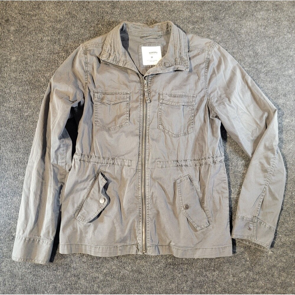 Sonoma Women's Gray Zip Jacket Collared Pockets Cotton Blend Regular Fit Size M